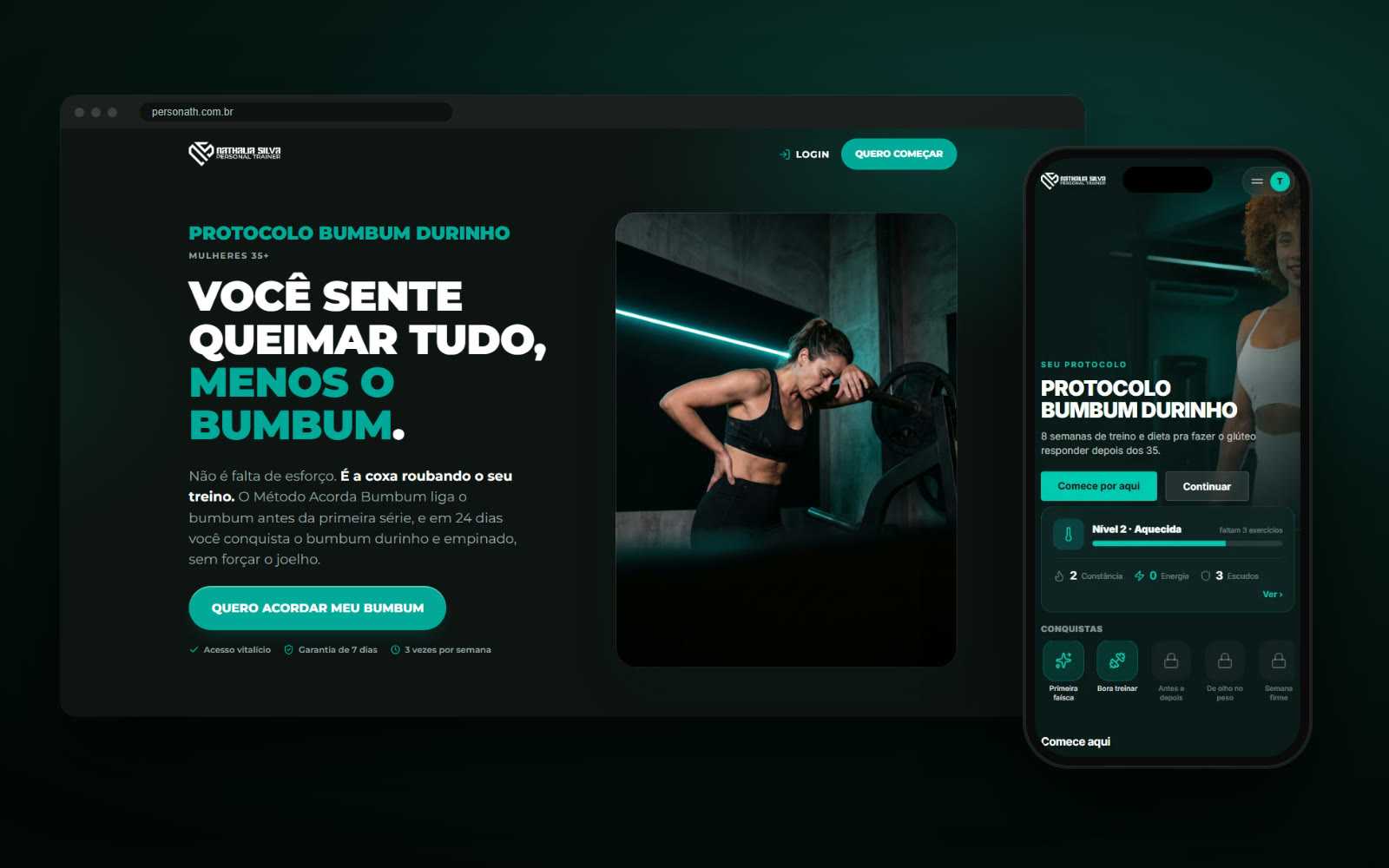 Página de venda da Personath no computador e o app da aluna no celular